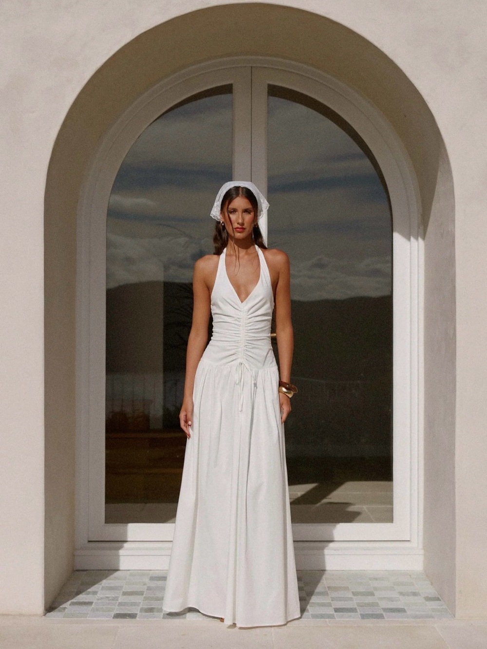 Peppermayo White Halter Ruched Maxi Dress